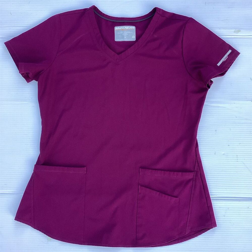 Skechers Women's V-Neck Scrub Top Red Short Sleeve Size M